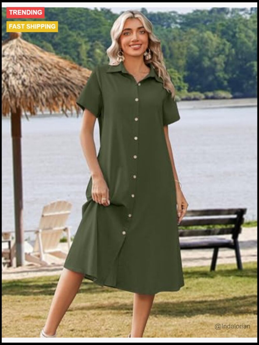 Button Down Shirt Dress A-Line Midi with Pockets Short Sleeve Summer Cover Up - Picture 2 of 7